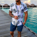 Herren nan Urlaubsset mit kurzärmligem Revershemd im Palmenprint und elastischer Tunnelzug-Bermuda R&B