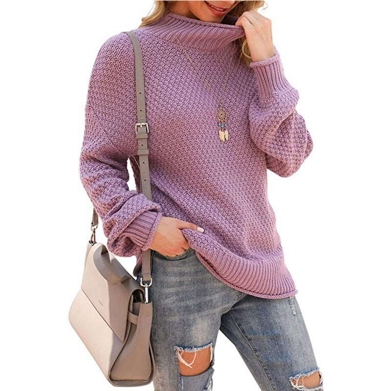 Damen Grobstrickpullover mit hohem Kragen und bequemen Ärmeln R&B