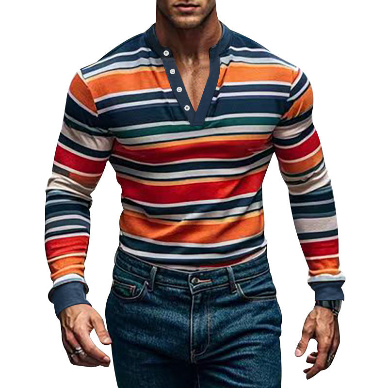 Herren Langarm-Henley-Shirt mit strukturiertem Streifenmuster und bequemen Kragen R&B