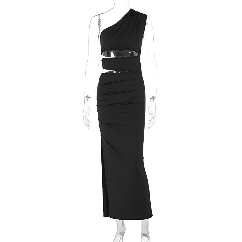 Damen asymmetrisches Maxikleid mit Rüschen und hohem Seitenschlitz R&B