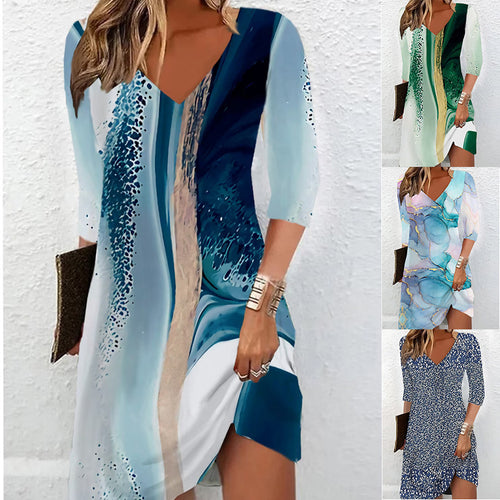 Damen V-Ausschnitt Kleid mit modernem Aquarellmuster R&B
