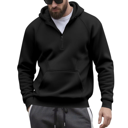 Herren nan Halbzip-Kapuzenpullover im minimalistischen Softshell-Look mit Kängurutasche und Raglanärmeln R&B