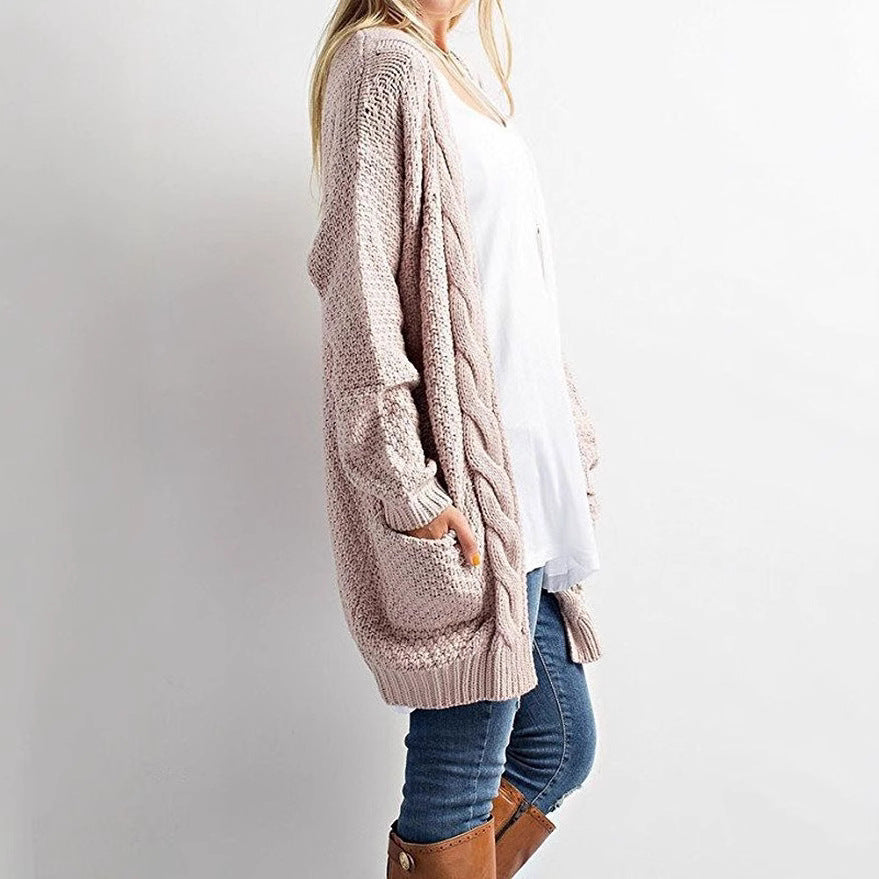Damen gemütlicher Strickcardigan mit offener Front und Taschen R&B