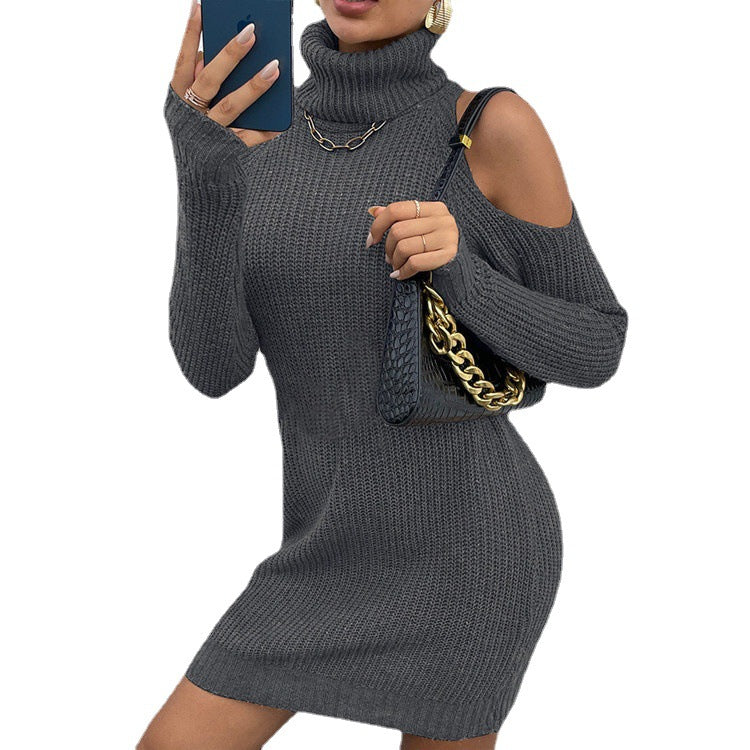 Damen Strickkleid mit schickem Rollkragen und offenen Schultern R&B