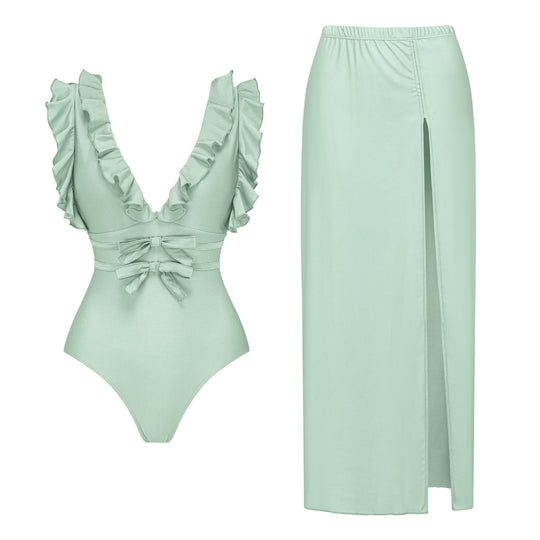 Damen Badeanzug mit voluminösen Rüschen und elegantem Maxirock R&B