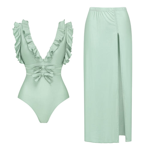 Damen Badeanzug mit voluminösen Rüschen und elegantem Maxirock R&B