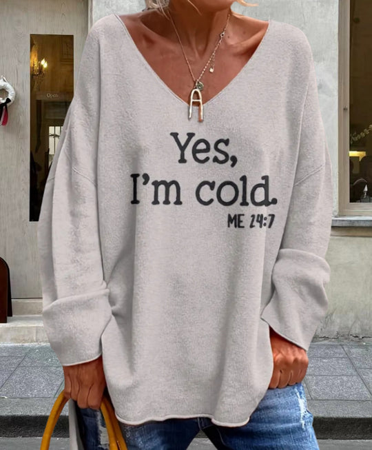 Damen Oversized Pullover mit modernem V-Ausschnitt und aufgedrucktem Statement R&B
