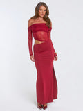 Damen elegantes Off-Shoulder-Maxikleid mit asymmetrischem Schnitt und transparenter Spitze R&B