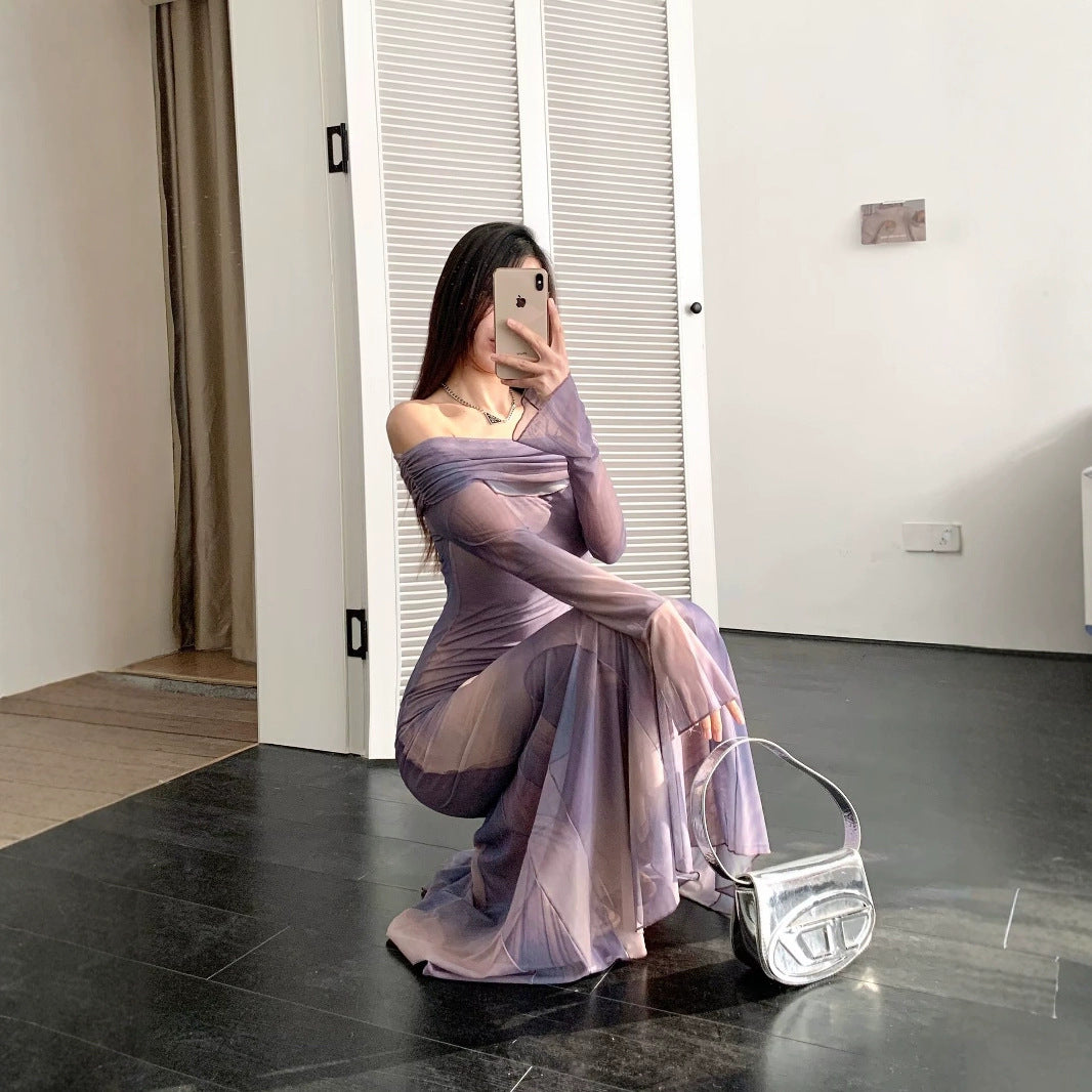 Damen elegantes Wickelkleid mit schulterfreiem Design und ausdrucksstarkem Material R&B