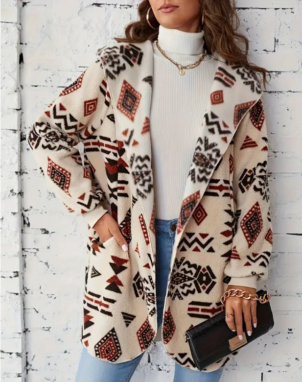 Damen Plüschjacke mit Ethno-Muster R&B