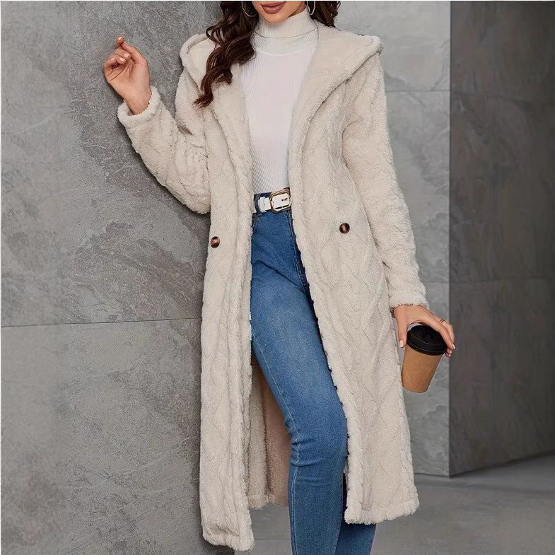 Damen Fluffy Mantel mit Kapuze und Knopfverschluss R&B