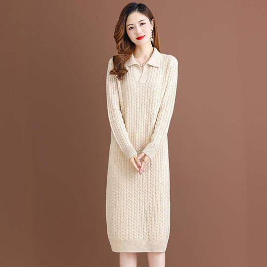 Damen Strickkleid mit klassischem Polokragen und feinem Zopfmuster R&B