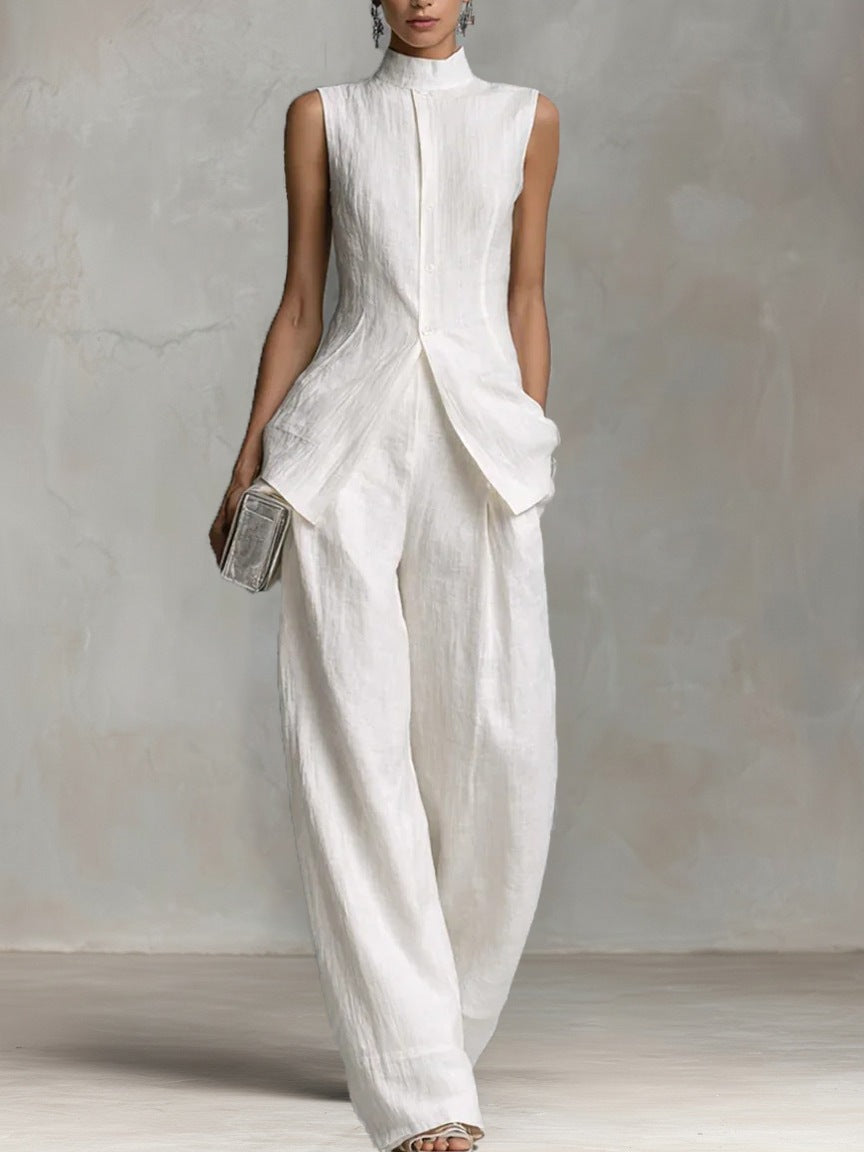 Damen Eleganter Jumpsuit mit hochgeschlossenem Kragen und weitem Bein R&B