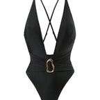Damen Einteiler Badeanzug mit tiefem V-Ausschnitt und elegantem Gürtel R&B