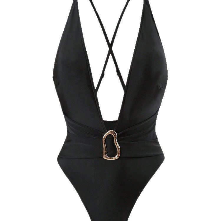 Damen Einteiler Badeanzug mit tiefem V-Ausschnitt und elegantem Gürtel R&B