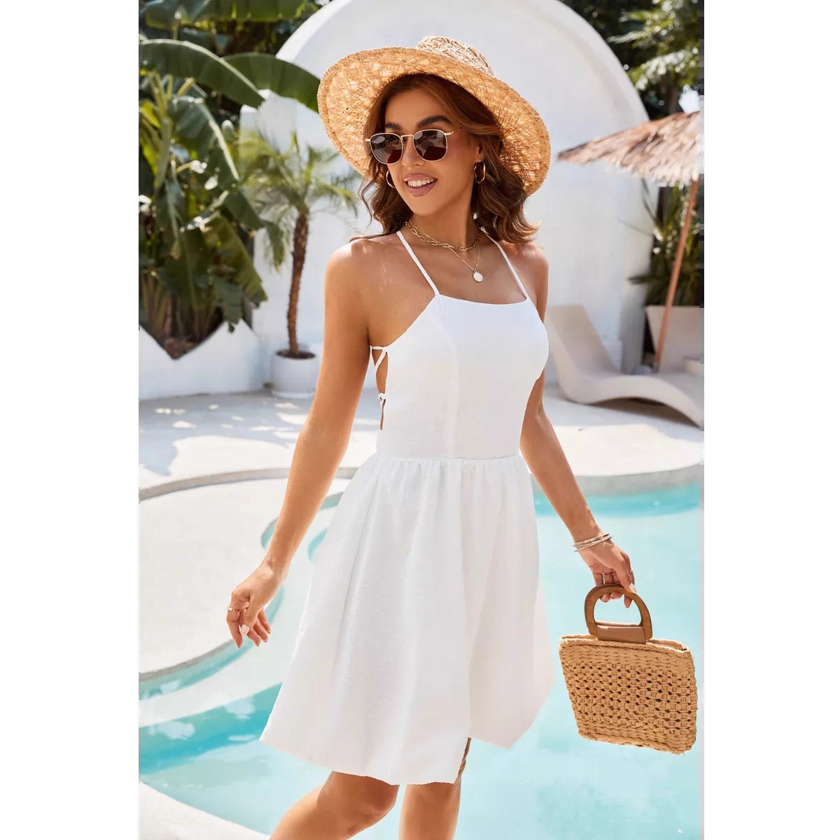 Damen sommerliches Strandkleid mit schulterfreiem Design und elegantem Rock R&B