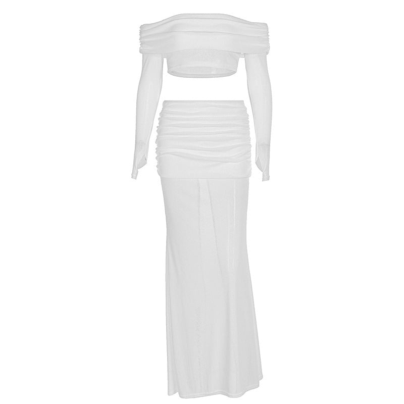 Damen Off-Shoulder Maxi-Kleid mit gerafftem Oberteil und elegantem Rock R&B