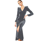 Damen Samt Maxikleid mit zentralem Knopfverschluss und seitlichem Schlitz R&B