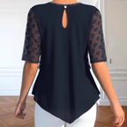 Damen nan Tüllbluse mit bestickten Punkten, halbtransparenten Ärmeln und asymmetrischem Stufensaum R&B