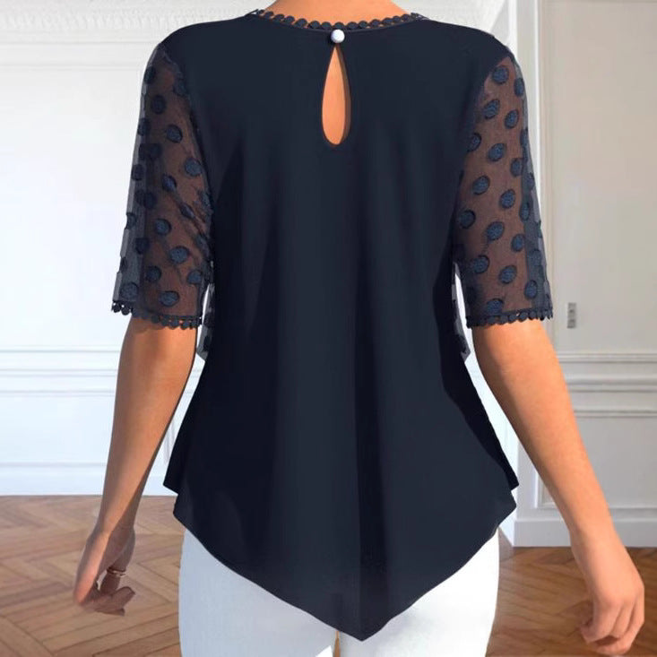 Damen nan Tüllbluse mit bestickten Punkten, halbtransparenten Ärmeln und asymmetrischem Stufensaum R&B