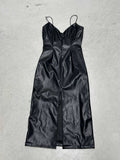 Damen elegantes bodenlanges Kleid aus glattem Kunstleder mit doppelten Trägern und hohem Schlitz R&B