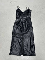 Damen elegantes bodenlanges Kleid aus glattem Kunstleder mit doppelten Trägern und hohem Schlitz R&B