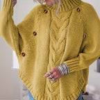 Damen Lockere Strickpullover mit hohem Kragen und dekorativen Knöpfen R&B