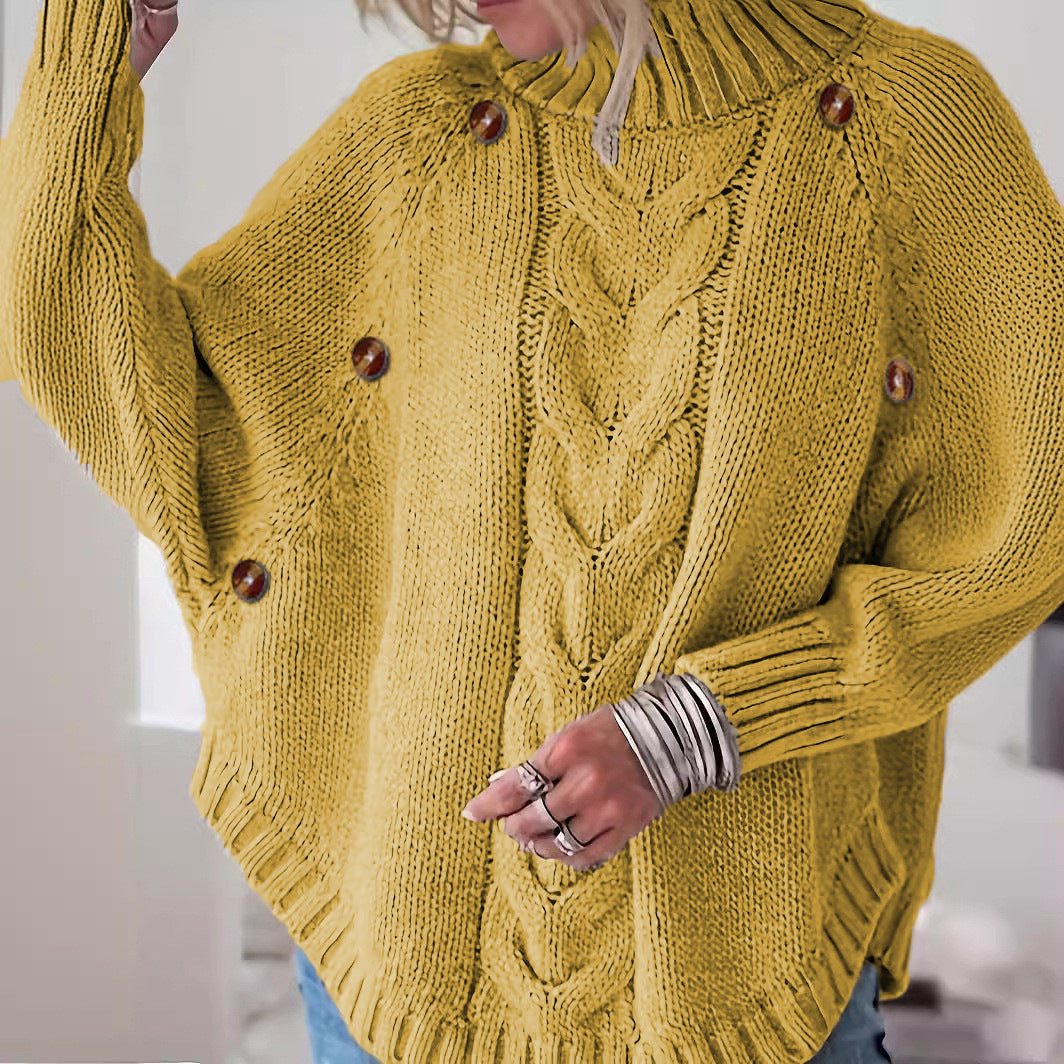 Damen Lockere Strickpullover mit hohem Kragen und dekorativen Knöpfen R&B