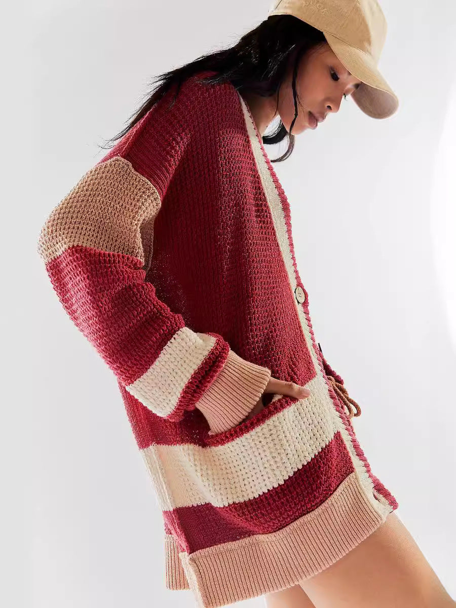 Damen lässiger Strickcardigan mit großen Taschen und stilvollen Kontraststreifen R&B
