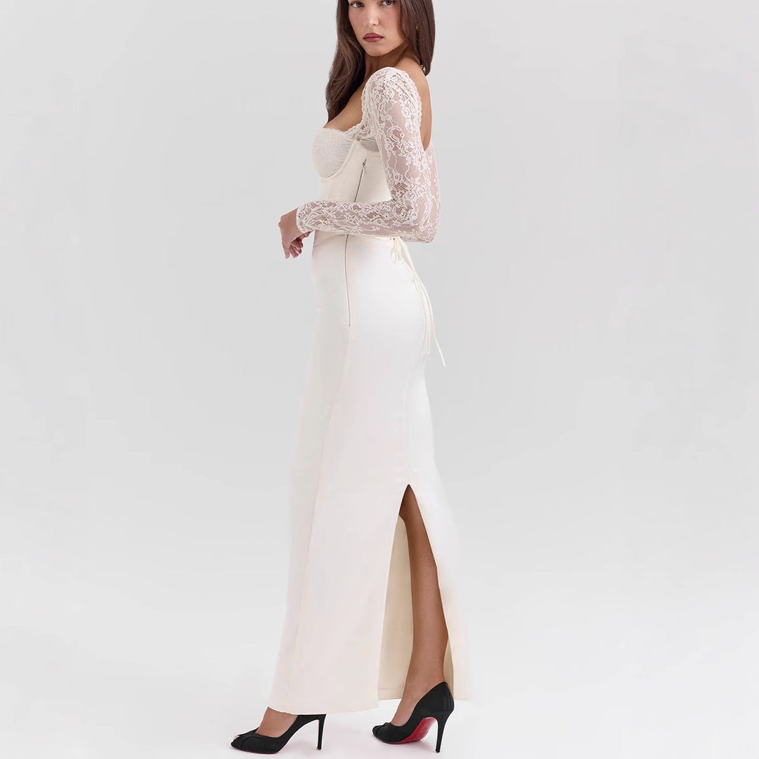 Damen Elegantes hochgeschlossenes Abendkleid mit Spitze und taillierter Silhouette R&B