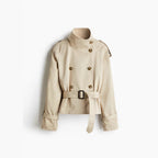 Damen trendige Kurzjacke im modernen Trenchcoat-Stil mit breitem Kragen und Taillengürtel R&B
