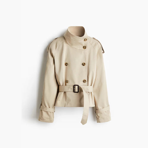 Damen trendige Kurzjacke im modernen Trenchcoat-Stil mit breitem Kragen und Taillengürtel R&B