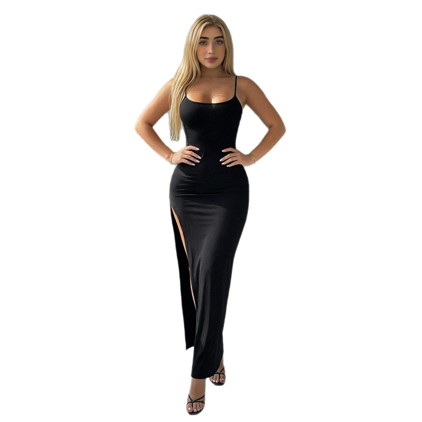 Damen Elegantes Maxikleid mit feinen Trägern und seitlichem Schlitz R&B