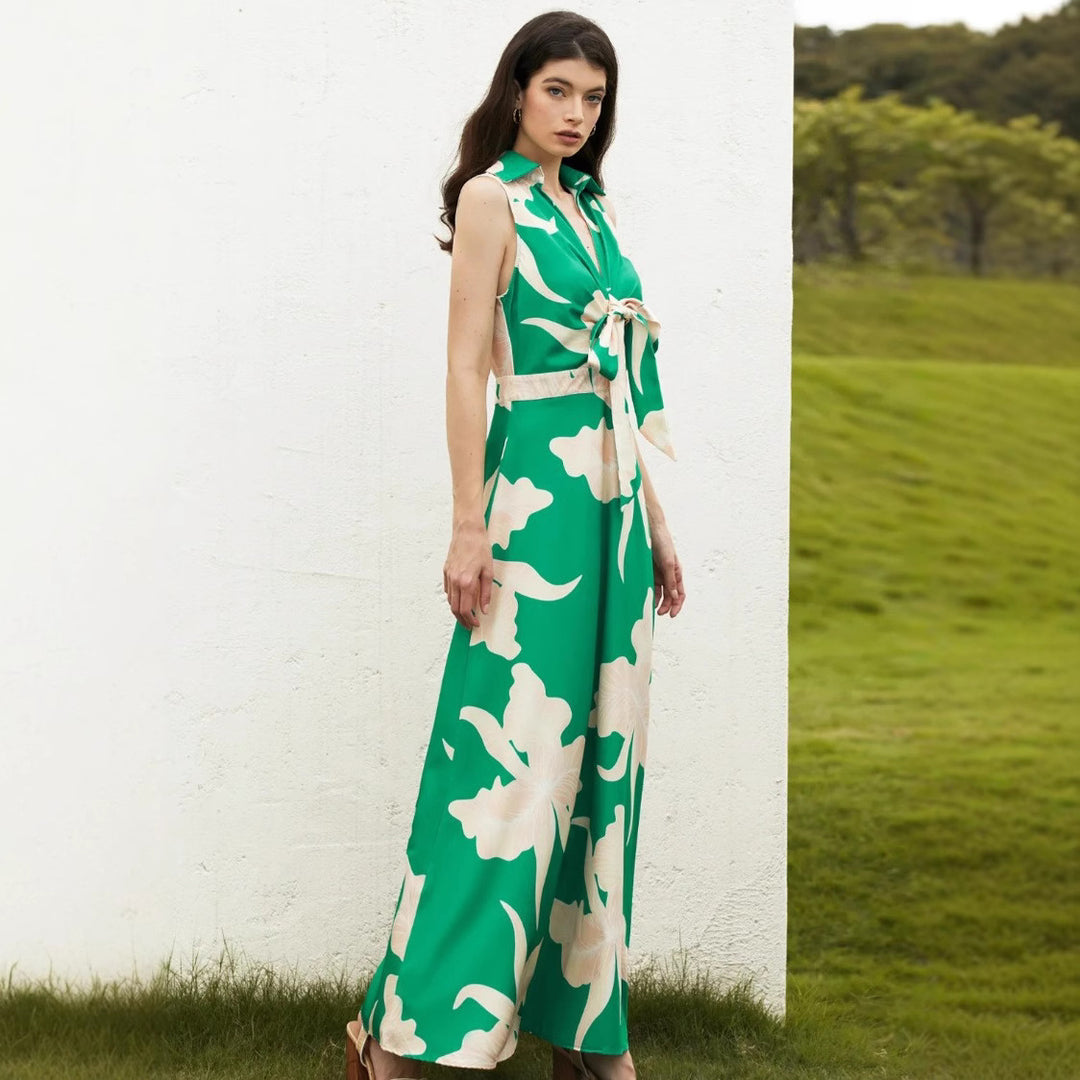 Damen Maxikleid mit dekorativem Bindegürtel und modischem Kragen R&B