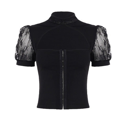 Damen stilvolles Oberteil mit transparenten Spitzeneinsätzen und elegantem Kragen R&B