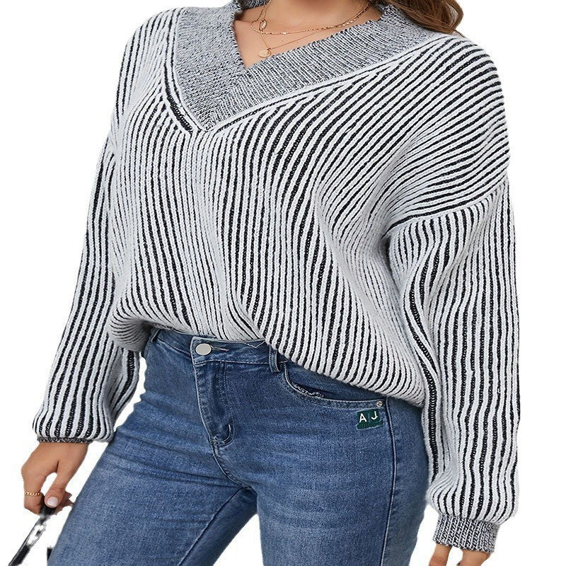 Damen lässiger V-Ausschnitt Pullover mit Streifenmuster R&B
