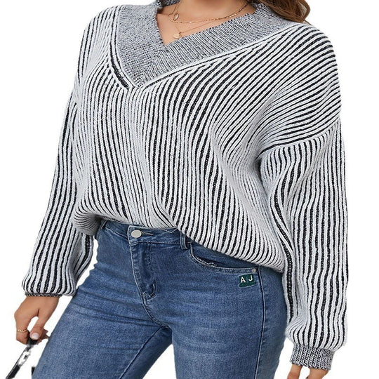Damen lässiger V-Ausschnitt Pullover mit Streifenmuster R&B