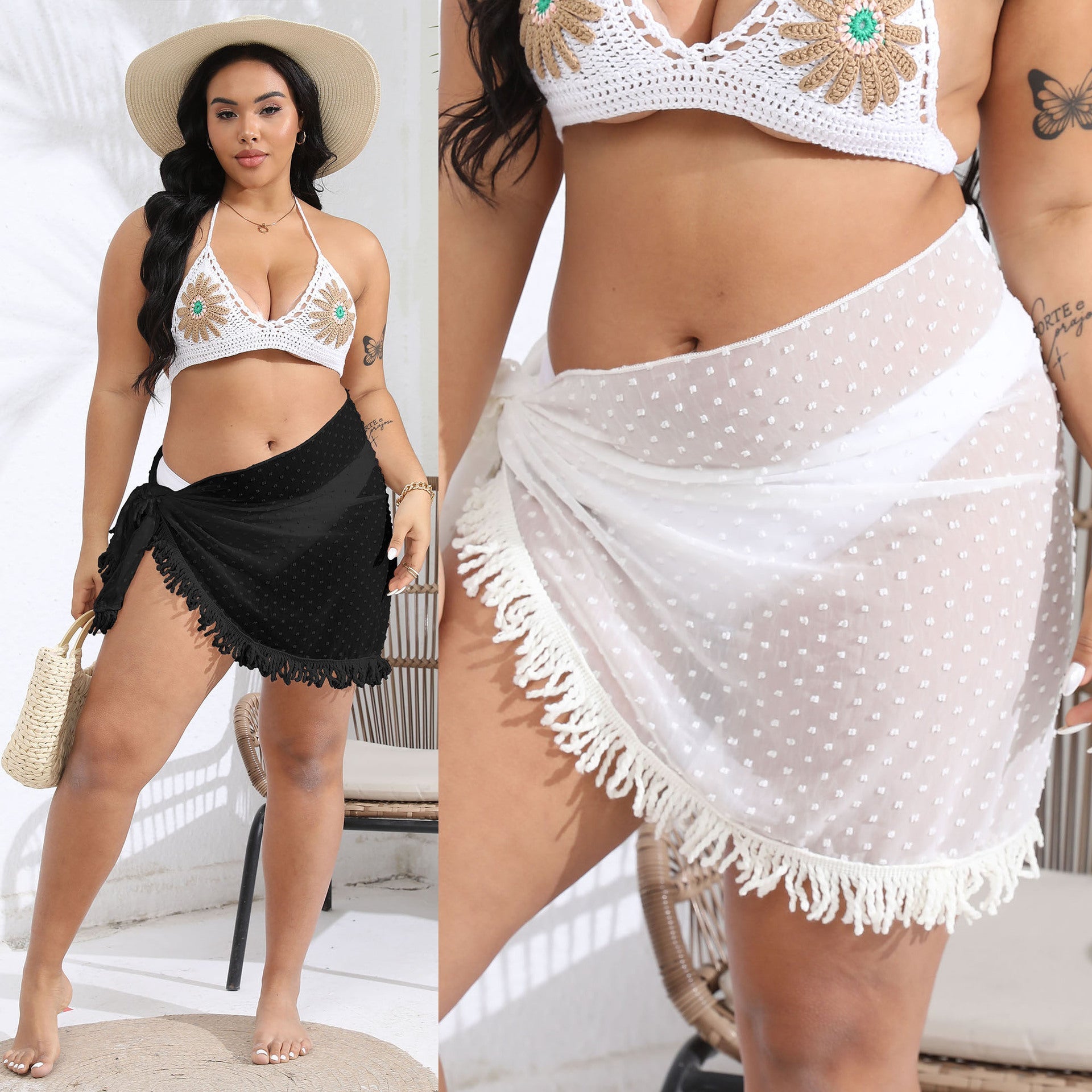 Damen luftiger Strandsarong mit fransigem Saum R&B