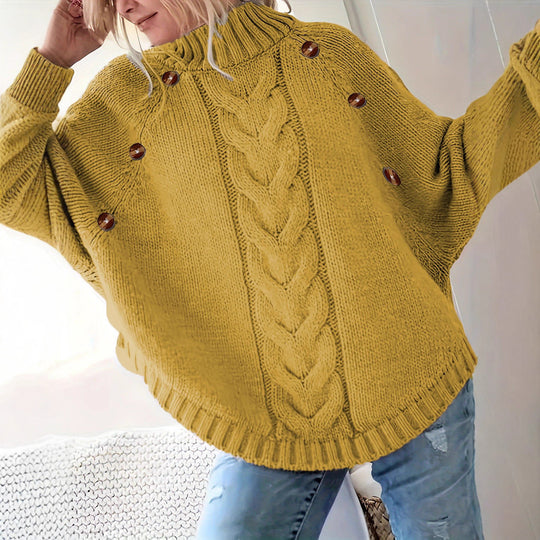 Damen Grobstrickpullover mit hochgeschlossenem Kragen und dekorativen Knöpfen R&B