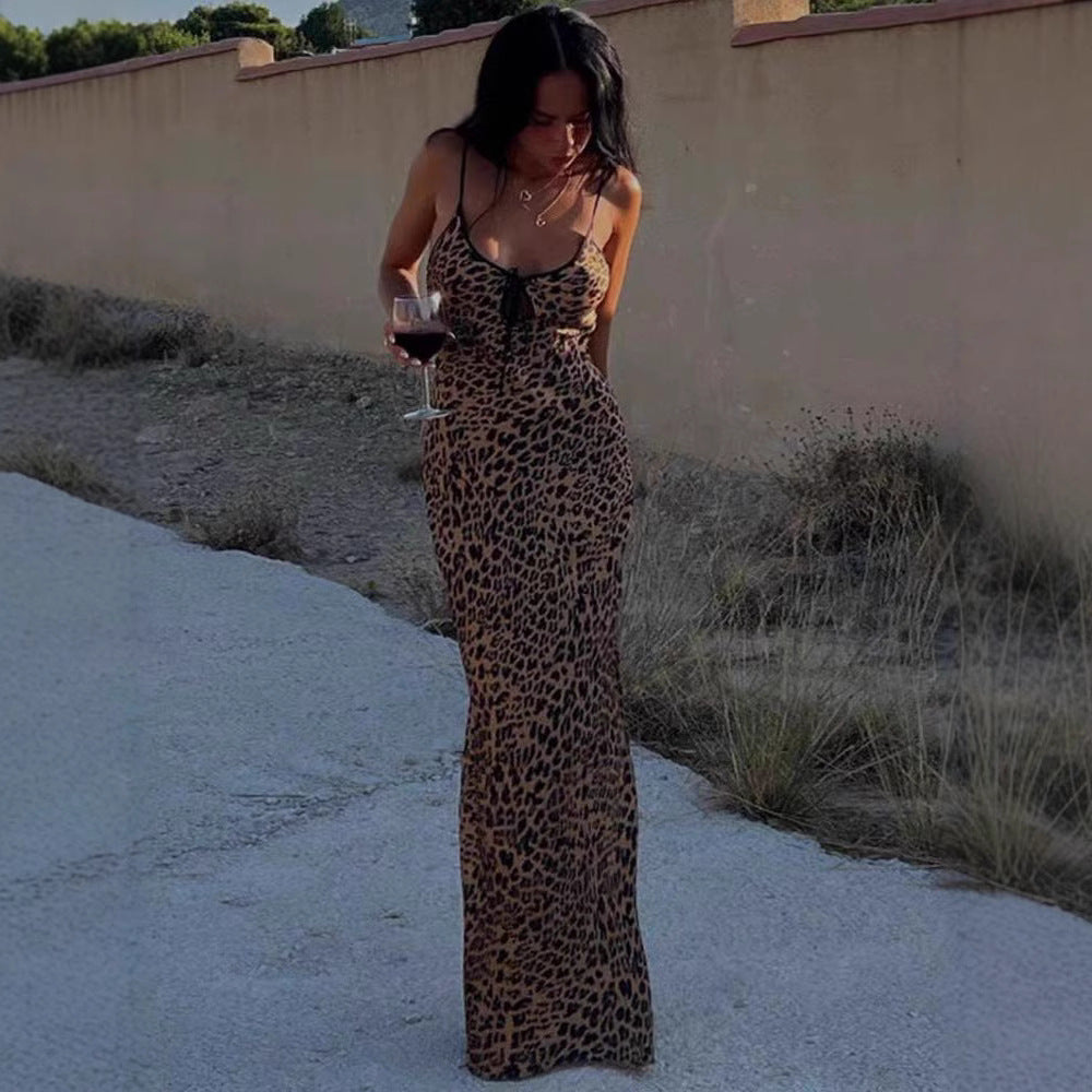 Damen Figurbetontes Maxikleid mit Leopardenmuster und raffiniertem Schnür-Detail R&B