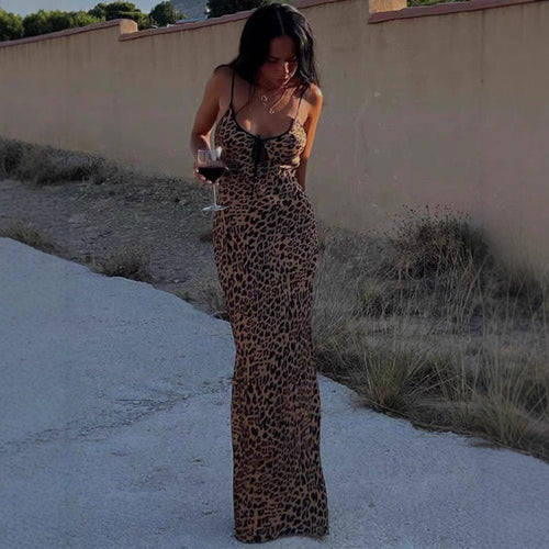 Damen Figurbetontes Maxikleid mit Leopardenmuster und raffiniertem Schnür-Detail R&B