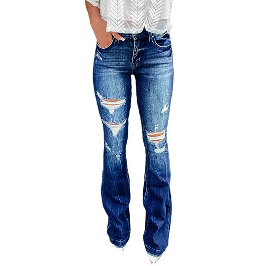 Damen Flared Jeans mit modischen Destroyed-Effekten und hohem Bund R&B