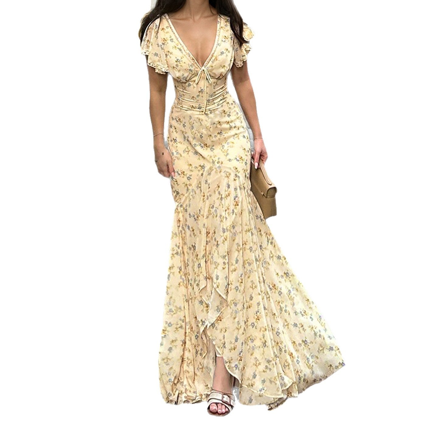 Damen Maxikleid mit romantischem Blumenmuster und verspieltem V-Ausschnitt R&B
