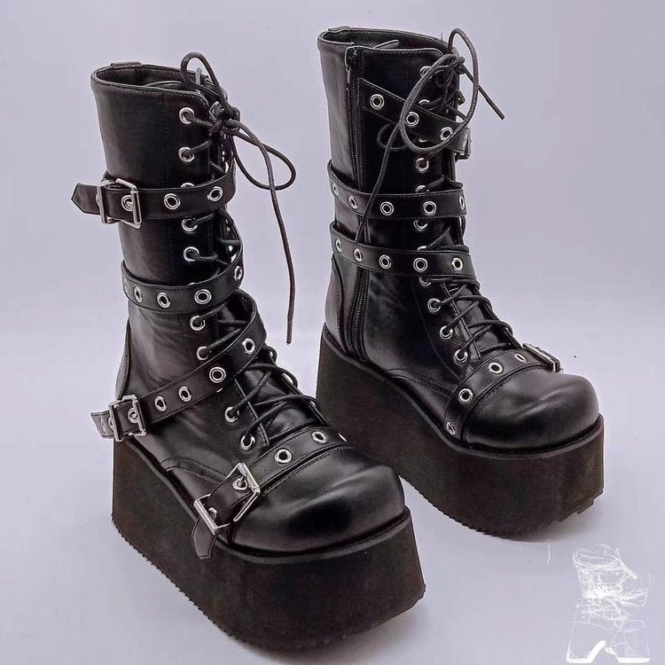 Damen Plateau-Stiefel mit robusten Schnallen und hochwertiger Leder-Oberfläche R&B