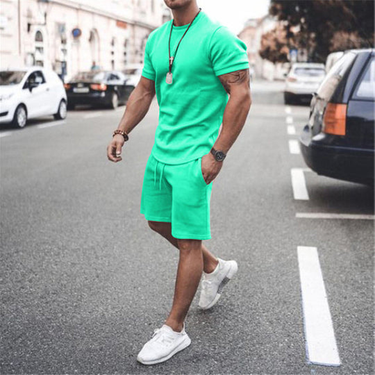 Herren nan figurbetontes Kurzarmshirt mit verstärkter Schulternaht und elastischer Kordelzug-Bermuda aus Stretchjersey R&B