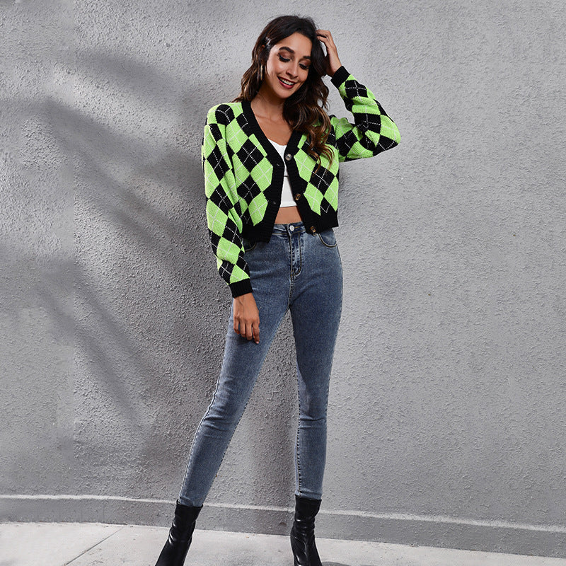 Damen Trendige Karomuster Strickjacke mit Knopfverschluss und weitem Schnitt R&B