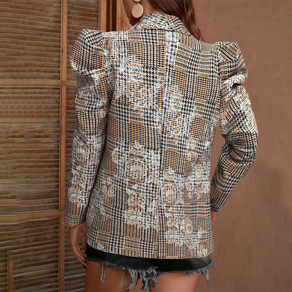 Damen modische Blazerjacke mit Puffärmeln und Karomuster R&B
