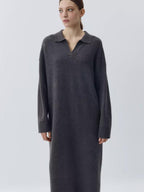 Damen Übergröße Strickkleid mit modernem Polokragen und langen Ärmeln R&B