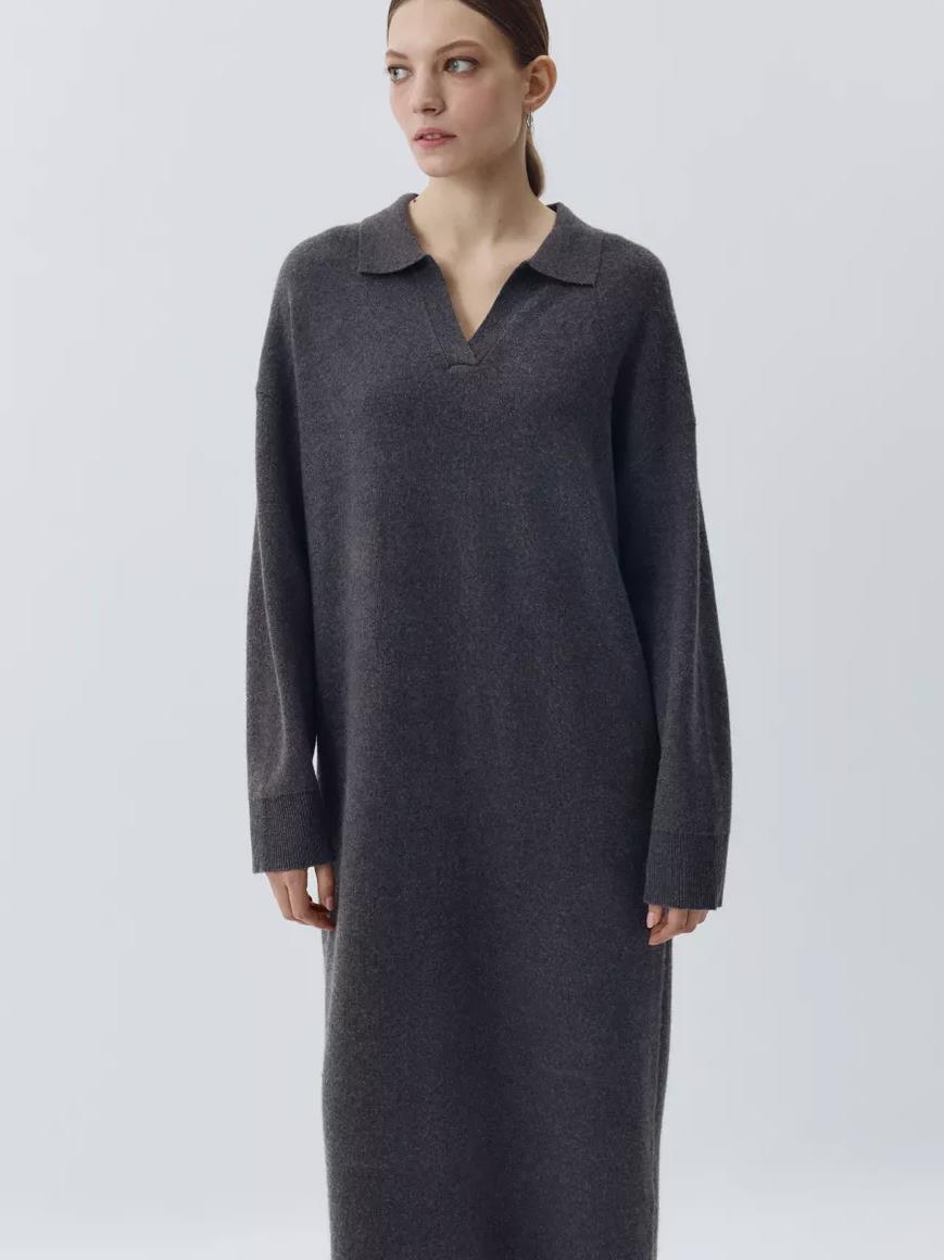 Damen Übergröße Strickkleid mit modernem Polokragen und langen Ärmeln R&B