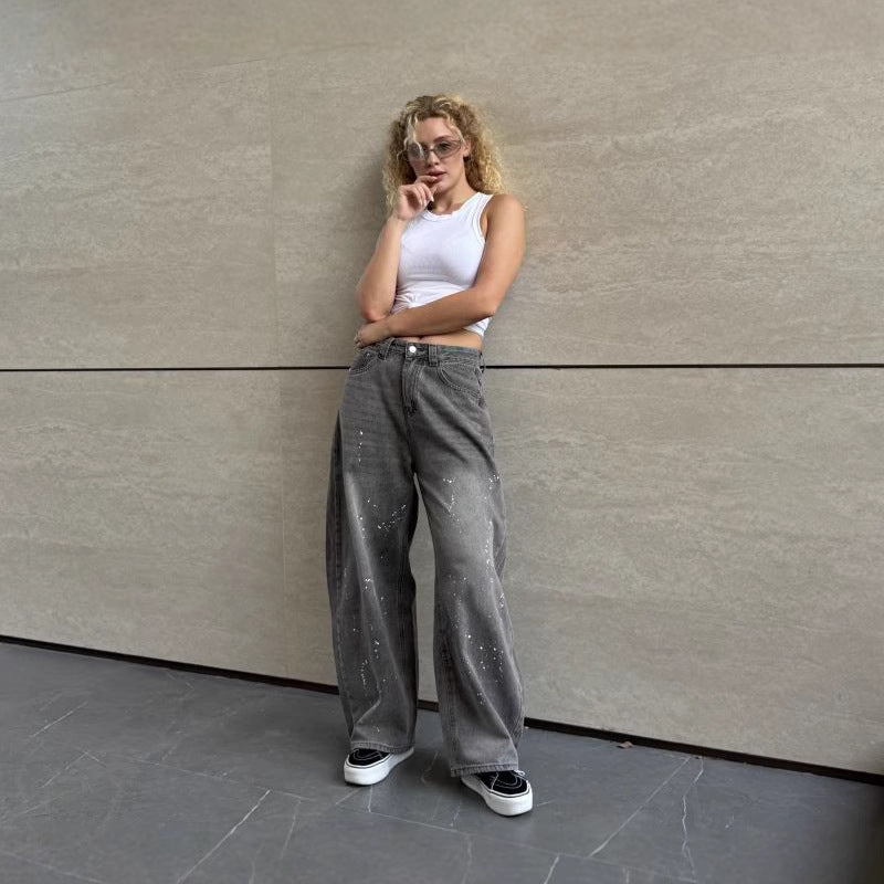 Damen Weite High-Waist Jeans mit kreativen Farbklecksen R&B